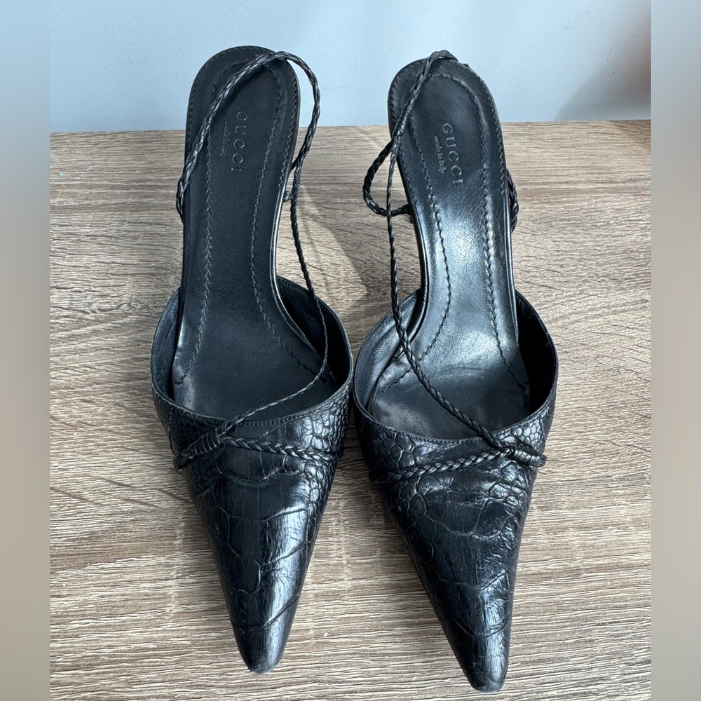 Gucci Black Textured Leather Slingback Heels